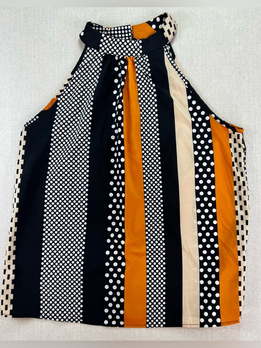 Women's Black, White, Orange Striped Polka Dot Flowy Feminine Chic Halter - M
